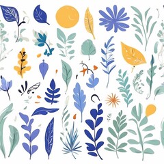 A collection of seamless pattern, colorful abstract plants and flowers. Hand drawn Collection of leaves and flowers. A close up of a pattern of flowers and leaves.
