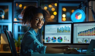 Portrait of a Happy Successful Black Businesswoman Using Desktop Computer in Creative Agency in the Evening. African American Female Smiling While Checking Data and Statistic Charts