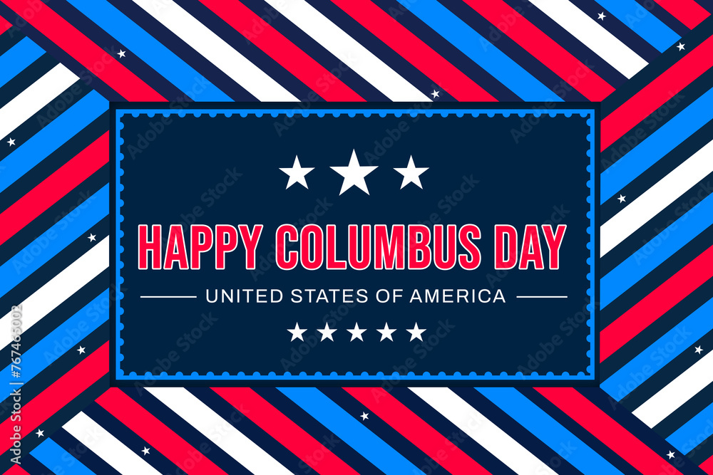 Poster happy columbus day backdrop with blue rectangle shapes and typography inside it.
