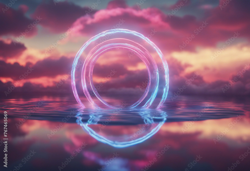 Poster glowing ethereal neon circular geometric shape in clouds with water reflection