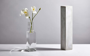 Subtle Sophistication: Minimalist Composition with Glass Vase and Sculpture, vase, flowers