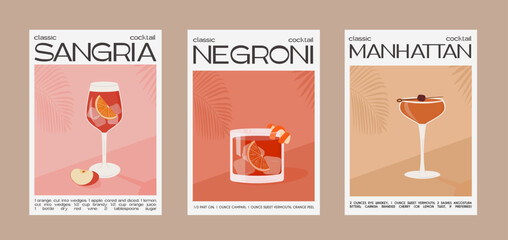 Sangria, Negroni and Manhattan Cocktail. Classic alcoholic beverage recipe. Modern trendy print. Summer aperitif wall art. Garnished drink graphic print for bar menu. Minimalist poster. Vector.