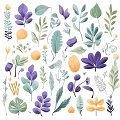 A collection of seamless pattern, colorful abstract plants and flowers. Hand drawn Collection of leaves and flowers. A close up of a pattern of flowers and leaves.
