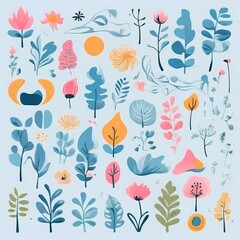 A collection of seamless pattern, colorful abstract plants and flowers. Hand drawn Collection of leaves and flowers. A close up of a pattern of flowers and leaves.
