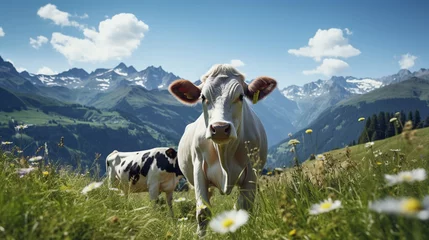 Ingelijste posters Breathtaking image of a cow peacefully grazing in a meadow with snow-capped mountains in the background. Generative AI © kovalovds