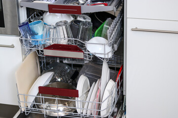 Close up of a full dishwasher with plates, cups, glassware in the kitchen
