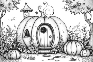 A black and white drawing of a pumpkin house