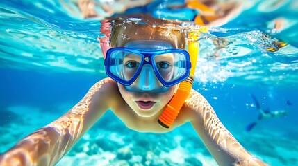 Naklejka premium Adventurous youth boy snorkeling alone in crystal clear waters of remote tropical island