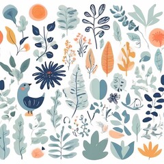 A collection of seamless pattern, colorful abstract plants and flowers. Hand drawn Collection of leaves and flowers. A close up of a pattern of flowers and leaves.
