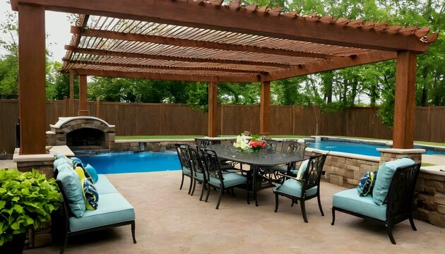 Backyard living space with outdoor furniture next to pool under a pergola luxury and modern house villa created with generative ai