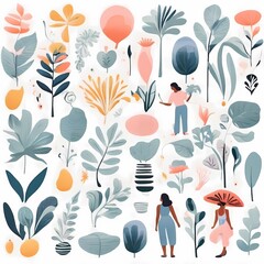 A collection of seamless pattern, colorful abstract plants and flowers. Hand drawn Collection of leaves and flowers. A close up of a pattern of flowers and leaves.
