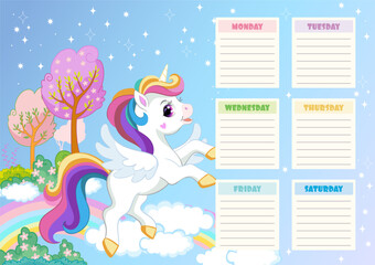 Cute unicorn printable weekly planner vector