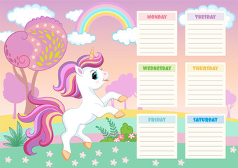 School schedule with cute cartoon unicorn vector