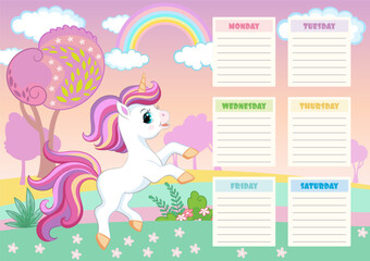 Obraz premium School schedule with cute cartoon unicorn vector
