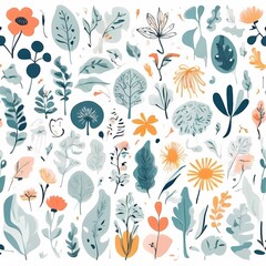 A collection of seamless pattern, colorful abstract plants and flowers. Hand drawn Collection of leaves and flowers. A close up of a pattern of flowers and leaves.

