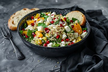 Buckwheat salad with lamb's lettuce, pomegranat seeds, goat cheese, mandarine and spring onion, Served with whole grain baguette and red wine. Black table and black background. - obrazy, fototapety, plakaty