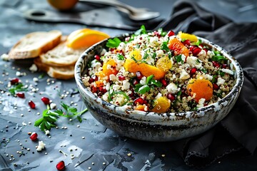 Buckwheat salad with lamb's lettuce, pomegranat seeds, goat cheese, mandarine and spring onion, Served with whole grain baguette and red wine. Black table and black background. - obrazy, fototapety, plakaty