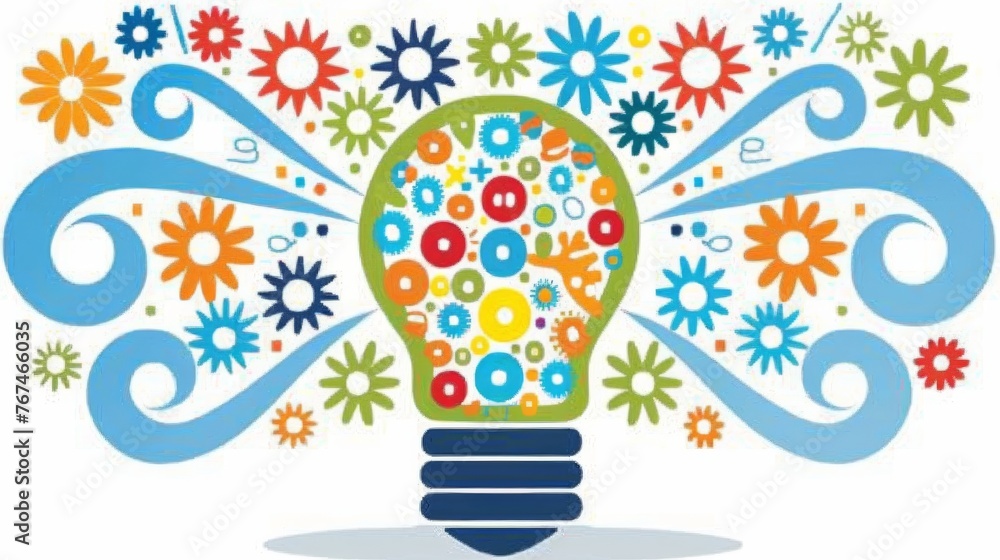 Poster a light bulb with a bunch of colorful flowers in the shape of a lightbulb on top of it.