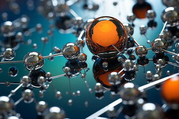 close up of red beads, 3d model of molecule,  background with spheres. AI Generated