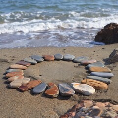 Fototapeta na wymiar Seaside Meditation Circle: Create a seaside meditation circle using sea stones arranged in a circular pattern on the beach or shoreline. Situate the circle to overlook the ocean. Generative AI