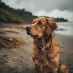 Golden Retriever Contemplating the Sea on a Cloudy Beach Day