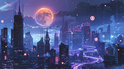 Cryptocurrency cityscape: Digital wallets & coded roads, blockchain, decentralized finance, crypto transactions, flying drones, blockchain integration, futuristic financial technology innovation.