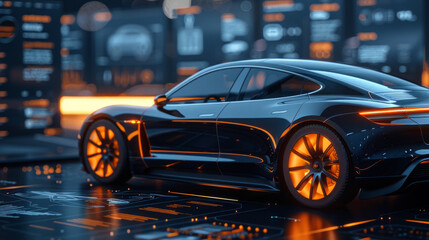 A futuristic electric car concept. Modern engineering technologies - obrazy, fototapety, plakaty