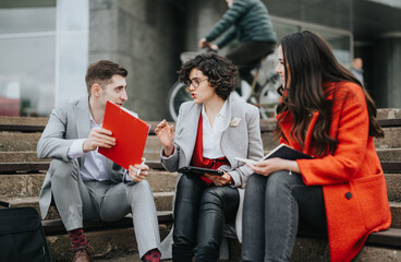 Three business professionals engaged in a discussion while sitting on outdoor steps, embodying...