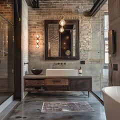 Urban Loft Aesthetic: Embrace an industrial-chic aesthetic with transparent walls in the bathroom, combining elements such as exposed brick, concrete floors, and metal accents. Generative AI