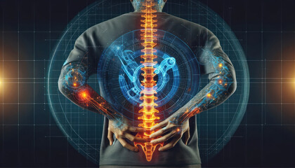person's back with a visual representation of the spine glowing in orange to indicate pain or discomfort