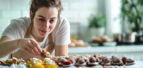 A pastry chef meticulously positions pastries, her eyes beckoning the observer to savor her masterpieces - obrazy, fototapety, plakaty