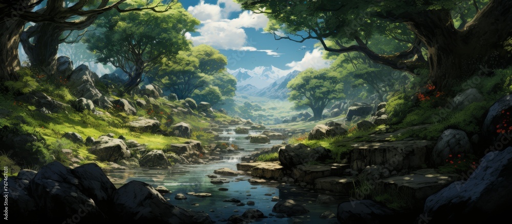 Poster a serene river flows through a dense forest, enveloped by towering trees and rugged rocks, creating 