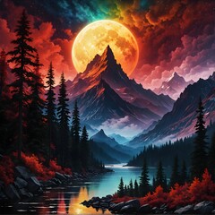 landscape with mountains and moon