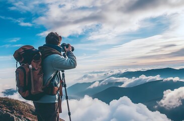 Fotograf beim Wandern, Fotograf auf einem Berggipfel über den Wolken, sonnige Stimmung, Naturpanorama Fotografie - obrazy, fototapety, plakaty