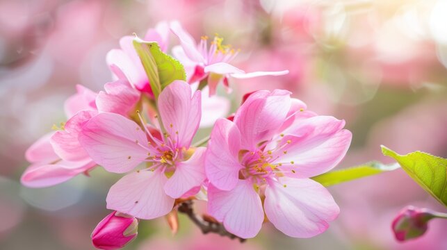  a close up of a pink flower on a branch with green leaves in the foreground and a blurry background of pink flowers in the background.