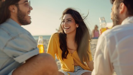 Attraktive Frau mit langen schwarzen Haaren trägt bequeme Kleidung und lächelt, während sie neben ihrem männlichen Freund am Strand sitzt. Beide stehen mit den Füßen im Sand,  Bierflasche in der Hand - obrazy, fototapety, plakaty