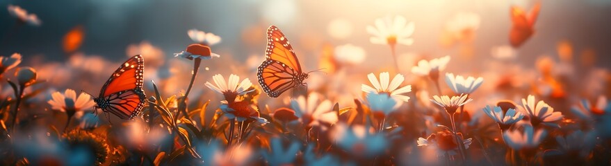 Lebendige Szene zarter Schmetterlinge, die zwischen einem Feld blühender Blumen unter einem klaren, sonnigen Himmel tanzen, Konzept Frühling und Frühlingswiese - obrazy, fototapety, plakaty