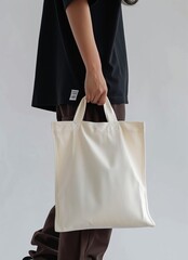 Elegant Minimalist Mockup Featuring a Model Carrying a Stylish Cream Tote Bag, Paired with a Casual Black Sweater and Brown Pants