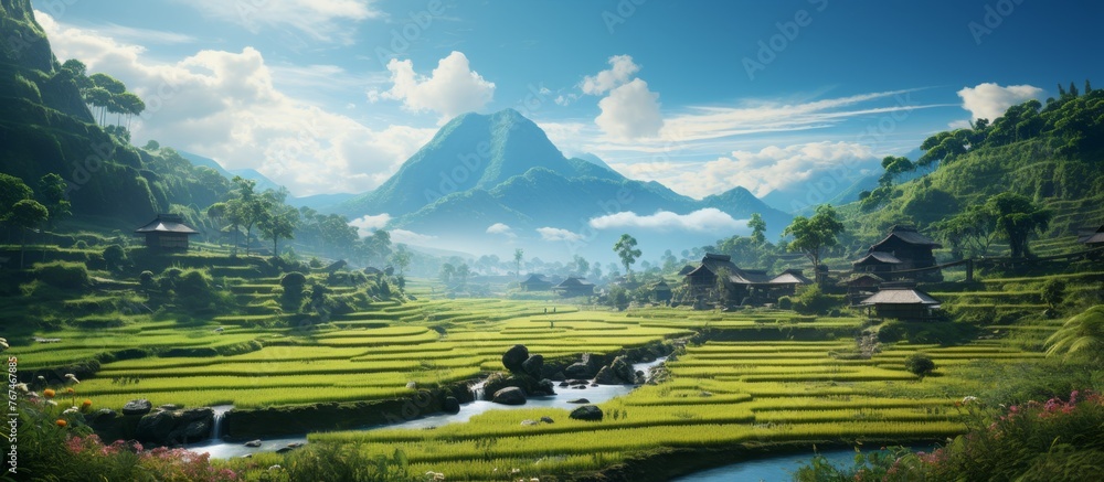 Poster a majestic mountain rises in the background while a tranquil river flows in the foreground, creating