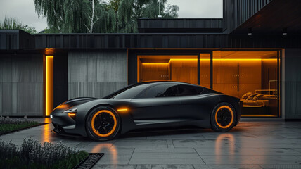 A futuristic electric sports car next to a house or a modern building
