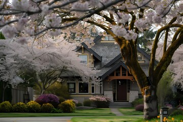 A craftsman house with a light-colored exterior, surrounded by blooming cherry blossom trees, creating a stunning springtime display.