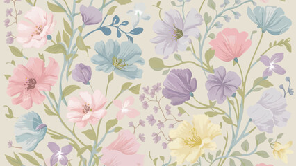 Fototapeta na wymiar A charming and delicate pastel-colored flower design pattern features a variety of blossoms in soft hues of pink, blue, purple, and yellow. The flowers are intricately intertwined with a touch of gre