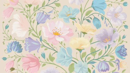 Fototapeta na wymiar A charming and delicate pastel-colored flower design pattern features a variety of blossoms in soft hues of pink, blue, purple, and yellow. The flowers are intricately intertwined with a touch of gre