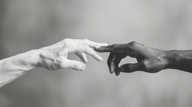 Two hands of different skin tones reach out and touch in the center of the frame. Background is blurred, emphasizing the connection and understanding between the figures.