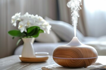 Serene Morning Atmosphere With Aromatherapy Diffuser Releasing Steam by Sunlit Window