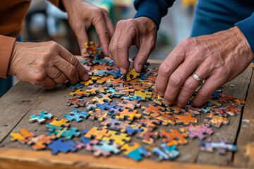 Group of elderly people's hands assembling colorful jigsaw puzzle pieces on a wooden table