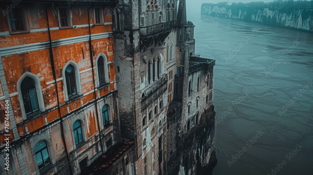 Poster a tall building sitting next to a river with a clock tower on it's side on a foggy day.
