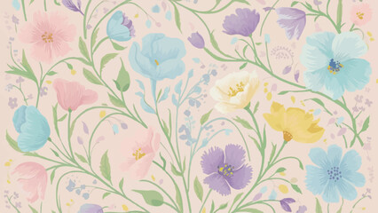 
A charming and delicate pastel-colored flower design pattern features a variety of blossoms in soft hues of pink, blue, purple, and yellow. The flowers are intricately intertwined with a touch of gre