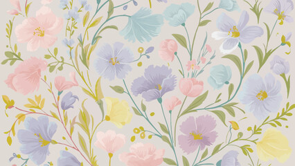 
A charming and delicate pastel-colored flower design pattern features a variety of blossoms in soft hues of pink, blue, purple, and yellow. The flowers are intricately intertwined with a touch of gre