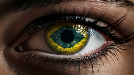 Fototapeta premium Close up of human eye with flag of Brazil. Flag symbols in the eye. 